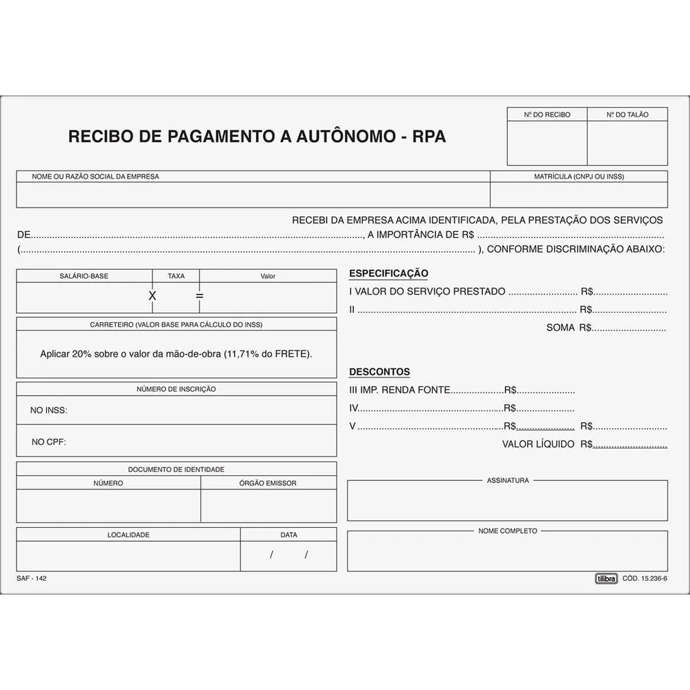 RPA - Recibo de Pagamento a Autônomo IAPAS 25x3 Vias