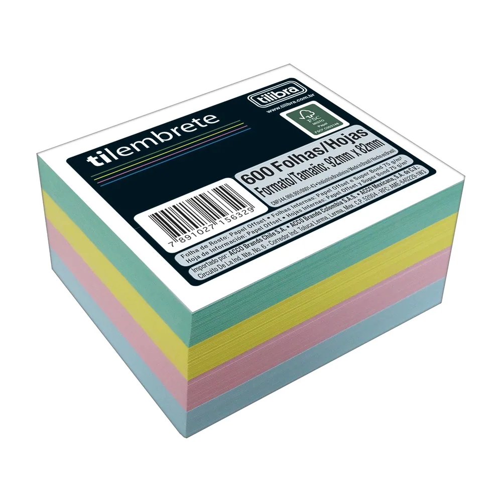 Bloco Tilembrete - Cubo Tira-Folhas Colorido 600 folhas 92 x 82 mm